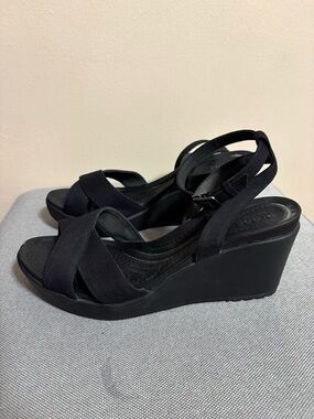 CROCS Black Fabric Cross-Strap Wedge Sandals
